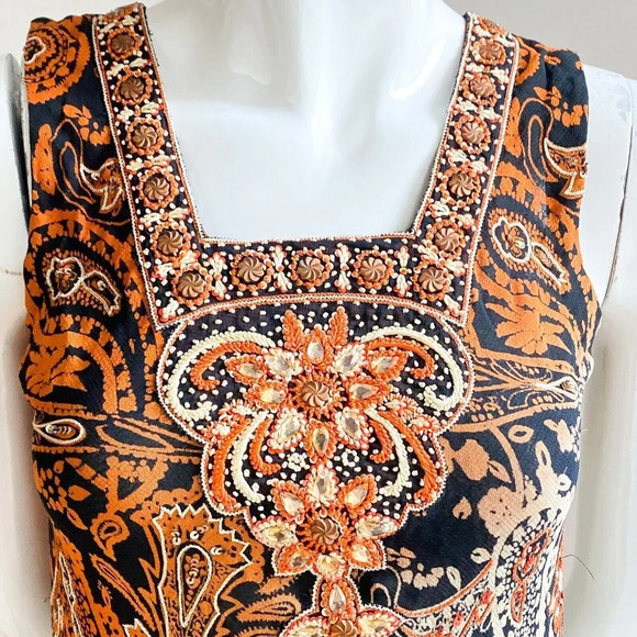 Vintage Bias Cut Paisley Print Midi Dress w Beaded Detail S - Picture 8 of 10